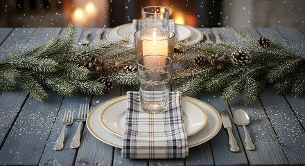 Enchanting winter holiday table setting for a festive Christmas dinner, featuring elegant plates, silverware, candles, pinecones, and evergreen branches dusted with snow for a cozy celebration