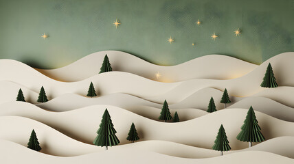 Paper Christmas landscape with trees, snow, and stars background