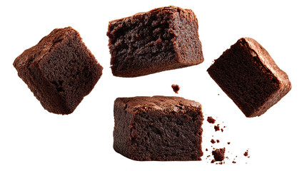 Four chocolate brownie squares floating against a dark background
