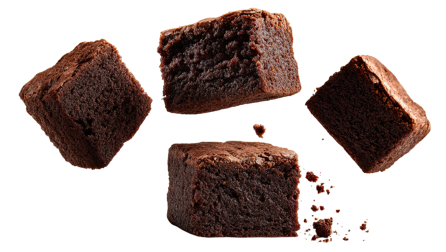 Four chocolate brownie squares floating against a dark background