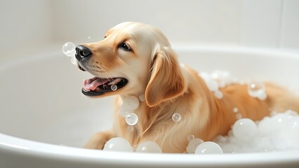 goldenretriever. A playful golden retriever enjoying soap bubbles in a bright, cozy bathtub. wildlife magazines, conservation campaigns, designed for eco-tourism storytelling, used by ui designers.