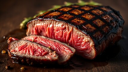 mediumrare. Sliced grilled ribeye steak with juicy details on a dark wooden background. menu design, packaging mockups, designed for culinary blogs and recipe cards for restaurants.