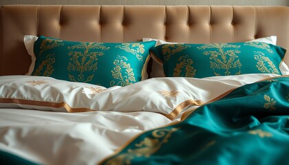 Luxury hotel bedroom interior with comfortable pillows and linen on a decorative bed