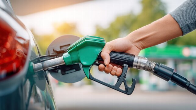 Hand fueling a car at a gas station with a green fuel nozzle, close-up shot.