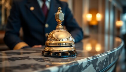 Antique golden service bell on a hotel reception desk, ready for a call for assistance