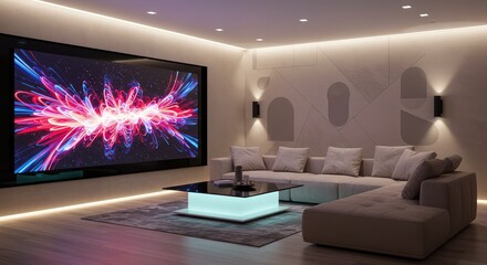 Experience immersive entertainment in this elegant modern living room with vibrant display, creating a cozy and inviting atmosphere for relaxing and connecting with loved ones