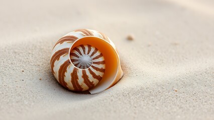 calcified. A spiral seashell on smooth sand, intricate textures visible in soft morning light. gardening catalogs, home-decor guides, designed for home decor and floral branding.