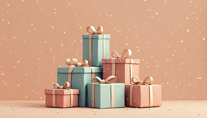 Stacked Gift Boxes with Ribbons and Confetti