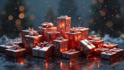 Red Metallic Gift Boxes with Bokeh Background