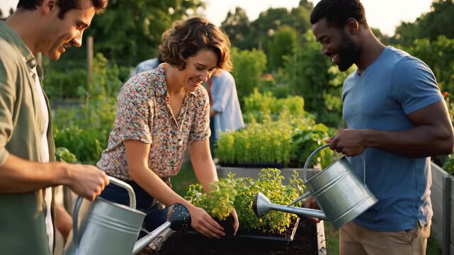 Engaging scene of diverse individuals collaborating in a vibrant community garden, watering plants, sharing smiles, and cultivating a sense of togetherness and growth in nature
