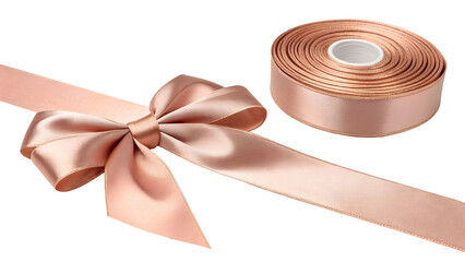 Soft rose gold metallic satin ribbon, sophisticated bow with gentle shimmer, warm lighting, isolated on transparent background.