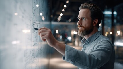 Bearded architect in  modern office drawing blueprints on  large interactive whiteboard with  stylus in dim light