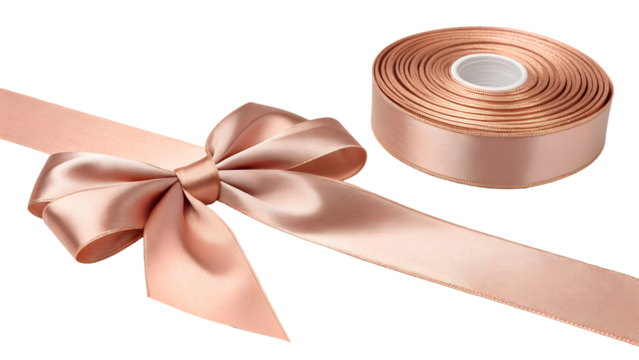 Soft rose gold metallic satin ribbon, sophisticated bow with gentle shimmer, warm lighting, isolated on transparent background.