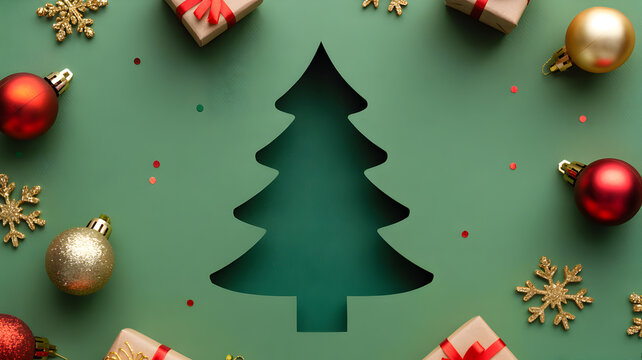 Christmas tree cut out on green paper with ornaments and gifts.