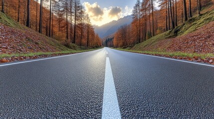 Autumn road through a forest at sunset