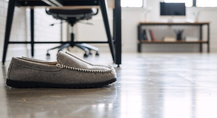 Gray soft loafers on the floor in a modern home office.