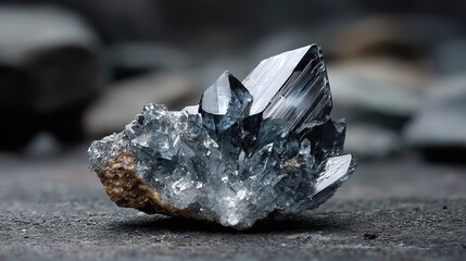 Obraz premium Macro closeup of cluster of dark blue metallic mineral crystals with striated facets resting on rough gray stone surface