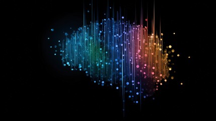 Abstract burst of vertical light streaks and colorful bokeh circles against  solid black background creating dynamic digital energy