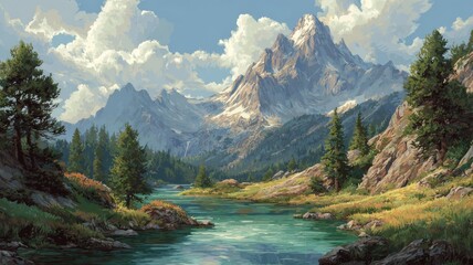 Scenic mountain river flowing through lush green valleys with rocky banks under a clear sky, reflecting surrounding peaks and dense forest in tranquil wilderness landscape