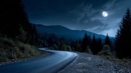 Winding mountain road cutting through dense forest under a glowing full moon, serene night landscape with dark blue sky and tranquil wilderness scenery