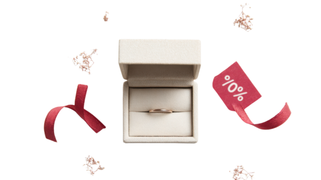 Elegant Ring in Gift Box with Red Ribbon and Discount Tag on White Background