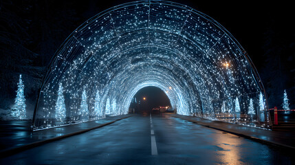 Fototapeta premium Blue Christmas light tunnel over wet winter road at night