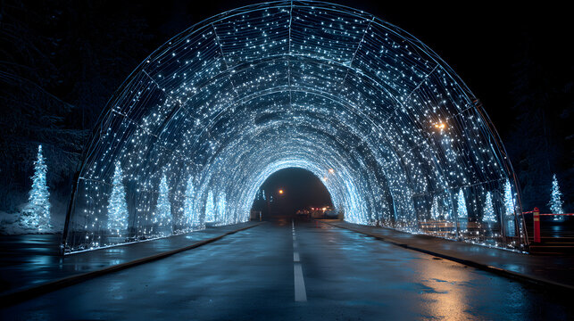 Blue Christmas light tunnel over wet winter road at night - Powered by Adobe