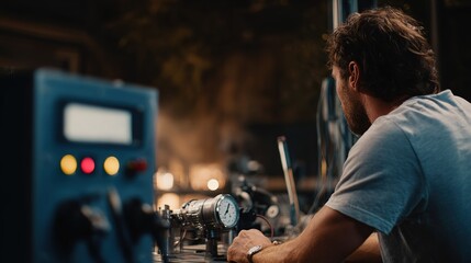Technician in dimly lit workshop intently observing machinery with visible pressure gauge and illuminated control panel indicators