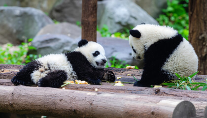 Two cute pandas are playing.
