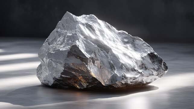 Highly reflective jagged metallic mineral or rock specimen illuminated against  dark moody background with light streaks on  surface below
