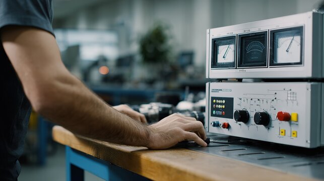 Close up of  technician's hands adjusting controls on electronic testing equipment with analog meters in  laboratory setting