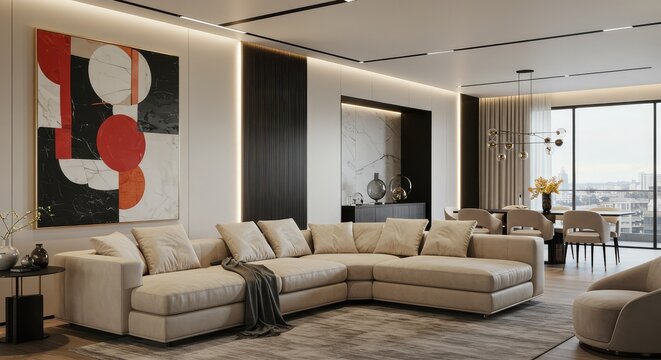 Modern luxury apartment interior design featuring stylish sofa, art, and dining space with city view for sophisticated living and high end real estate marketing - Powered by Adobe