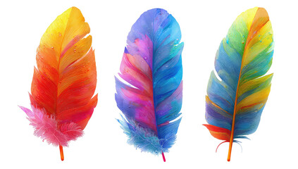 Three vibrantly colored, textured feathers on a black background