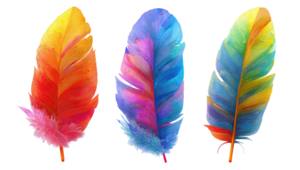 Three vibrantly colored, textured feathers on a black background