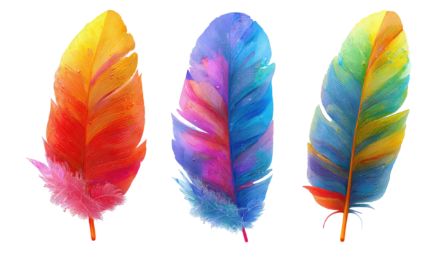 Three vibrantly colored, textured feathers on a black background