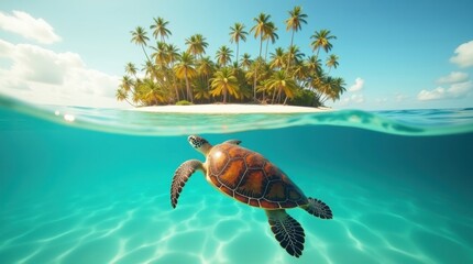Sea turtle swims near tropical island paradise under clear blue sky
