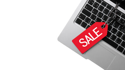 Red Sale Tag on Laptop Keyboard Isolated on White Background