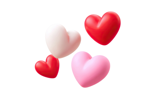 Four glossy, 3D heart shapes in pink, red, and white