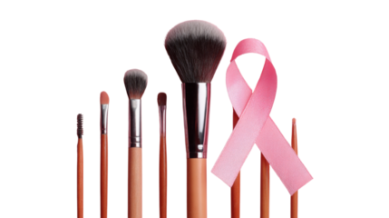 Makeup Brushes with Pink Breast Cancer Awareness Ribbon on White Background