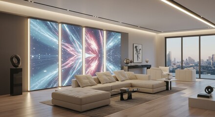 Stunning luxury penthouse apartment with modern design, city view, and vibrant abstract art panels for upscale living and high-end real estate marketing