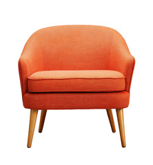 An orange fabric armchair with wooden legs against a transparent background