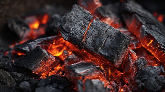 Bright orange and red embers glow against dark charcoal remnants in a fire pit creating a warm atmosphere for an evening gathering with friends or family.