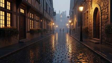 Fototapeta premium Foggy European Street - Cobblestone Road, Illuminated Buildings, and Distant Figures.