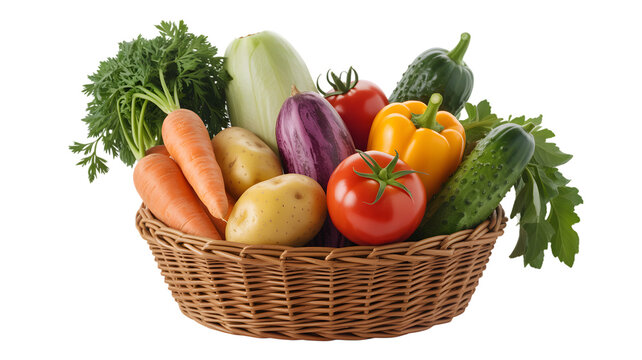 Freshly picked vegetables in a woven basket ready for a healthy meal preparation on transparent background