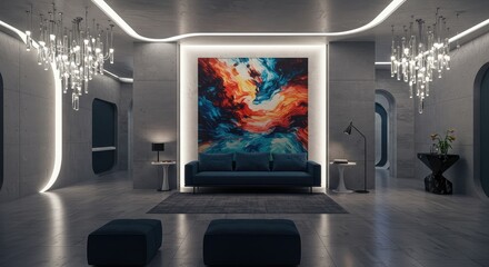 Elegant modern lobby design featuring a vibrant abstract painting and stylish lighting, perfect for luxury apartments or high-end hotels, creating an inviting atmosphere