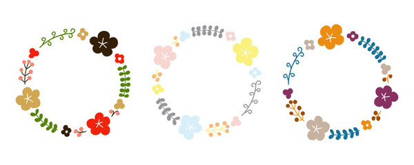 北欧風な花の丸フレームセット、お正月・春・秋に使えるカラーバリエーション