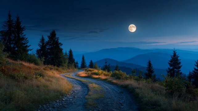 Winding mountain road cutting through dense forest under a glowing full moon, serene night landscape with dark blue sky and tranquil wilderness scenery