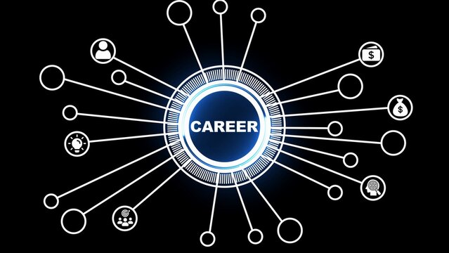 Career development network concept with icons and glowing central hub on black background image photo