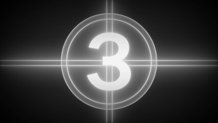 Countdown Timer Number 3 with White Neon Light and Crosshairs on Dark Background three