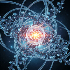 AI generation of a futuristic fractal crystal structure in space. Glowing quantum energy core at the center of a complex network. Abstract science and technology concept